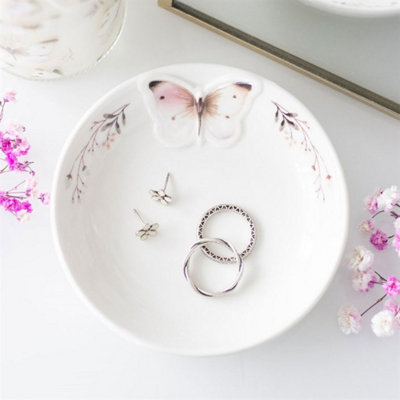 Elegant White Butterfly Ceramic Trinket Dish For Jewelry & Keys from B&Q