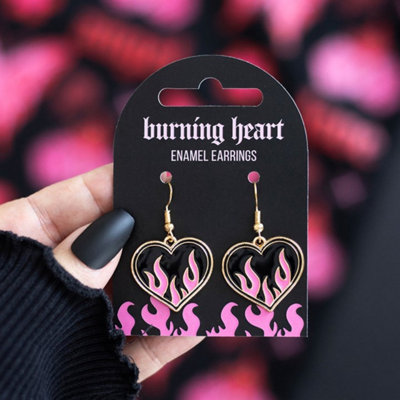 Burning Heart Flame EarringsPink & Black Y2K Rebel Jewelry from B&Q