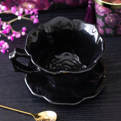Kdmd Unisex Black Rose Ceramic Teacup & Saucer - Gothic Elegance, 250Ml - Image 2
