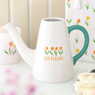 Kdmd Unisex White Les Fleurs Tulip Ceramic Watering Can Charming Plant Care & Decor In - Image 2