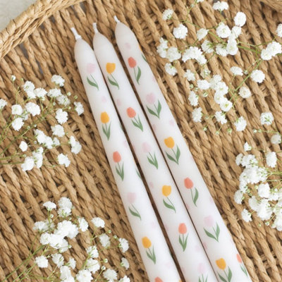 Set Of 3 Tulip Print Taper CandlesUnscented5-Hour Burn from B&Q
