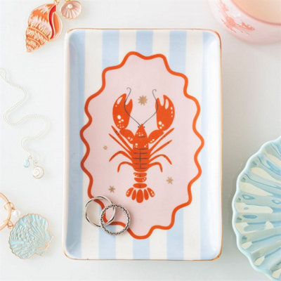 B&Q Pastel Lobster Trinket Dish - Coastal Blue Stripes & Fun Decor