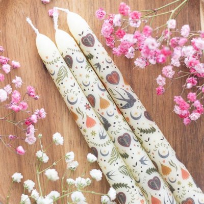 Set Of 3 Cream Folk Print Taper Candles For Home Decor from B&Q