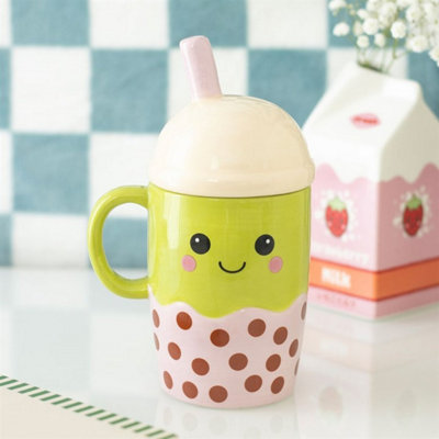 Kawaii Bubble Tea MugCute Ceramic Boba Drink Cup With Lid from B&Q
