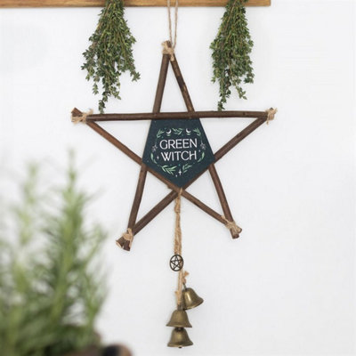 Green Witch Hanging Willow Pentagram With Bells For Protection & Harmony from B&Q