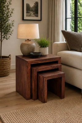  - Southborough Mango Nest Of 3 Solid Wood Tables Deep Walnut