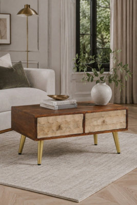  - Thorpe Retro Solid Mango Wood Coffee Table With 2 Drawers