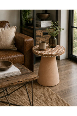  - Iver Acacia Wood Floral Side Table Taupe Lacquer
