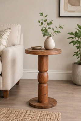  - Ickworth Acacia Wood Round Side Table With Sculpted Base