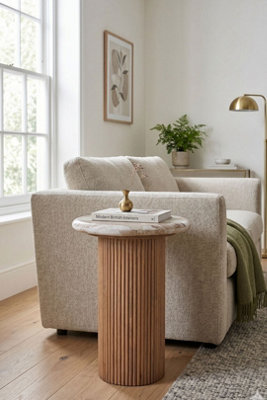  - Upton Natural Marble And Mango Wood Pedestal Side Table