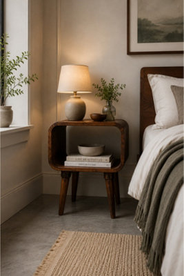  - Rowledge Dark Mango Wood Bedside Table With Open Curve Edges