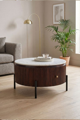  - Farleigh Mango Wood Round Fluted Coffee Table Marble Top