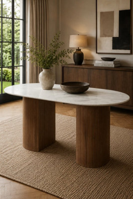  - Farleigh Oval Natural White Marble Dining Table 6 Seater