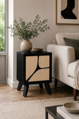  - Shildon Mango Wood Bedside Table With Black Inlay Storage Door