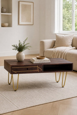  - Silchester Dark Mango Coffee Table With Drawer And Gold Inlay