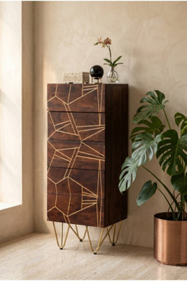  - Silchester Dark Mango Tall Chest Of Drawers Gold Inlay