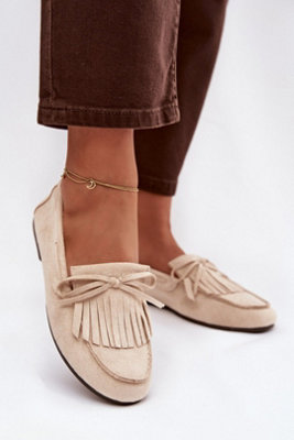 Fringe Bow Detail Flat Suede Moccasins For Everyday Wear from B&Q
