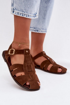 Flat Roman Sandals With Adjustable Strap And Gold Buckle