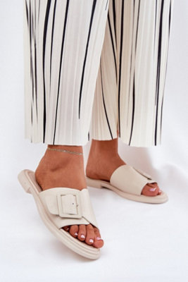 Elegant Leather Flat Sandals With Large Front Buckle Comfort from B&Q