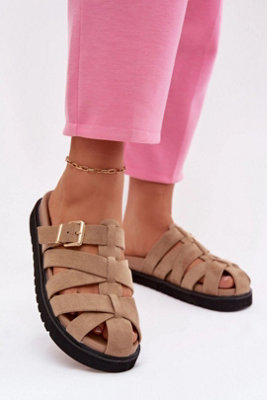Elegant Suede Like Platform Slippers With Gold Buckle Straps from B&Q