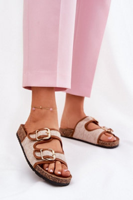 Textile Buckle Flip Flops With Cork Platform And Contoured Insole from B&Q