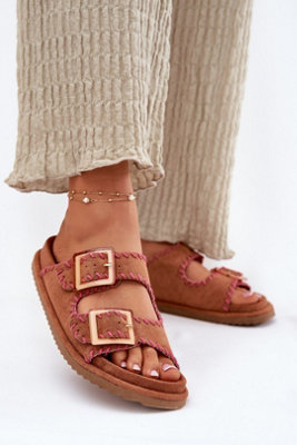 Suede Flip Flops With Front Buckles And Cushioned Insole from B&Q