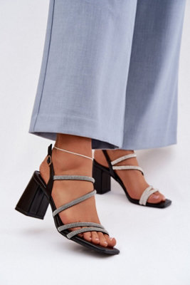  - Pillar Heel Zircon Strap Heeled Sandals With Buckle Fit