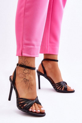 Stiletto Heel Tied Strap Leather Sandals With Ankle Buckle