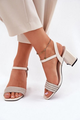 Front Braided Zircon Strap Column Heel Sandals Buckle Leather from B&Q