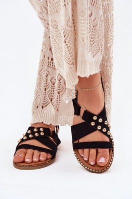 Faux Suede Flat Sandals With Gold Studs And Buckle Strap from B&Q