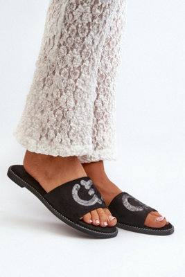 Suede Flat Heel Flip Flops With Sequin Strap Comfort Insole from B&Q