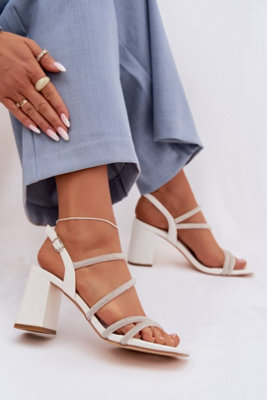  - Pillar Heel Zircon Strappy Sandals With Adjustable Buckle