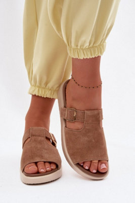Natural Suede Platform Sandals With Gold Buckle Strap Comfort from B&Q