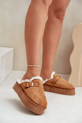 Thick Sole Insulated Fur Slippers With Gold Buckle Strap from B&Q