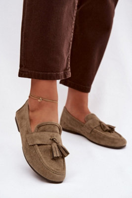  - Suede Fringed Strap Moccasins With Flat Sole Comfort Slip On