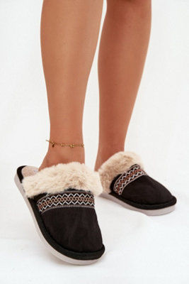 Cozy Soft Fabric Slippers With Faux Fur And Embroidery Detail from B&Q
