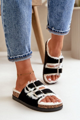 Fur Lined Adjustable Buckle Platform Home Comfort Slippers from B&Q