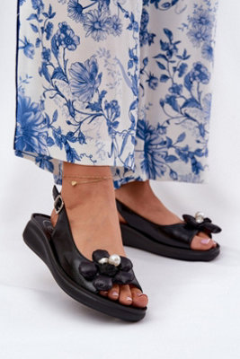 Leather Wedge Sandals With Flower Detail Adjustable Buckle