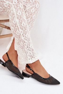Ballet Flats Pointed Toe Mesh Leather Buckle Zircon Open Heel from B&Q