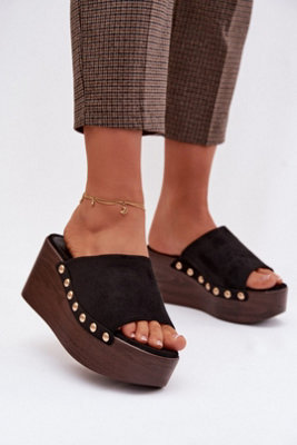Suede Wedge Platform Sandals With Golden Stud Side Detail