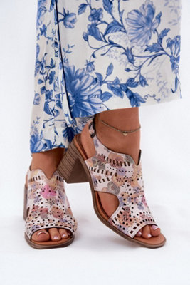 Perforated Heel Sandals With Adjustable Buckle Column Heel