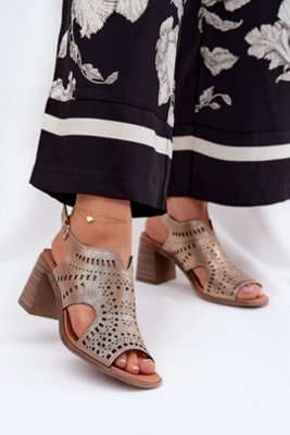 Perforated Column Heel Sandals With Adjustable Leather Strap