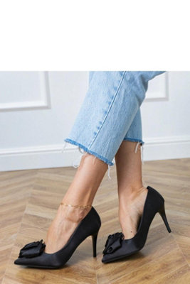 Satin Flower Applique Pointed Toe High Heel Pumps Evening from B&Q