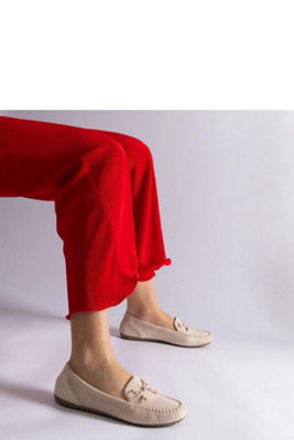  - Beige Bow Slip On Faux Suede Moccasins With Rubber Sole