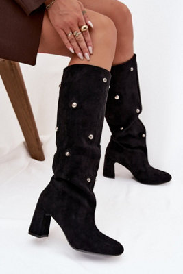 Pillar Heel Suede Ankle Boots With Rounded Toe Decorative