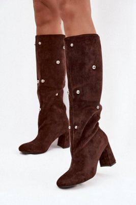 Faux Suede Ankle Heel Boots With Column Heel Rounded Toe