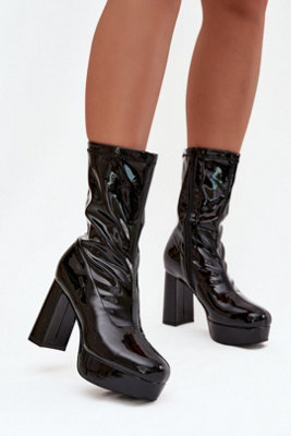 Shiny Leather Ankle Boots With Block Heel Platform Zip Insulated from B&Q