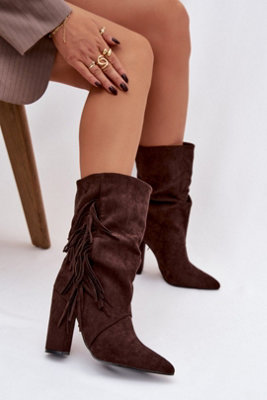 Boho Slip On Ankle Boots Soft Suede Column Heel Fringes from B&Q