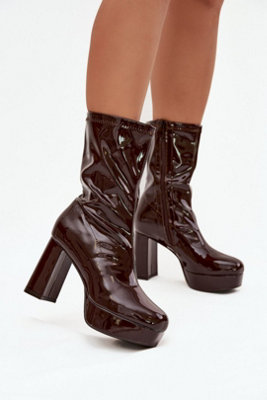 Glossy Zipper Ankle Boots Block Heel Platform Insulated from B&Q