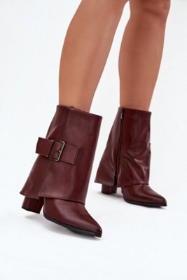 Ankle Boots With Folded Shaft Buckle Column Heel Zipper